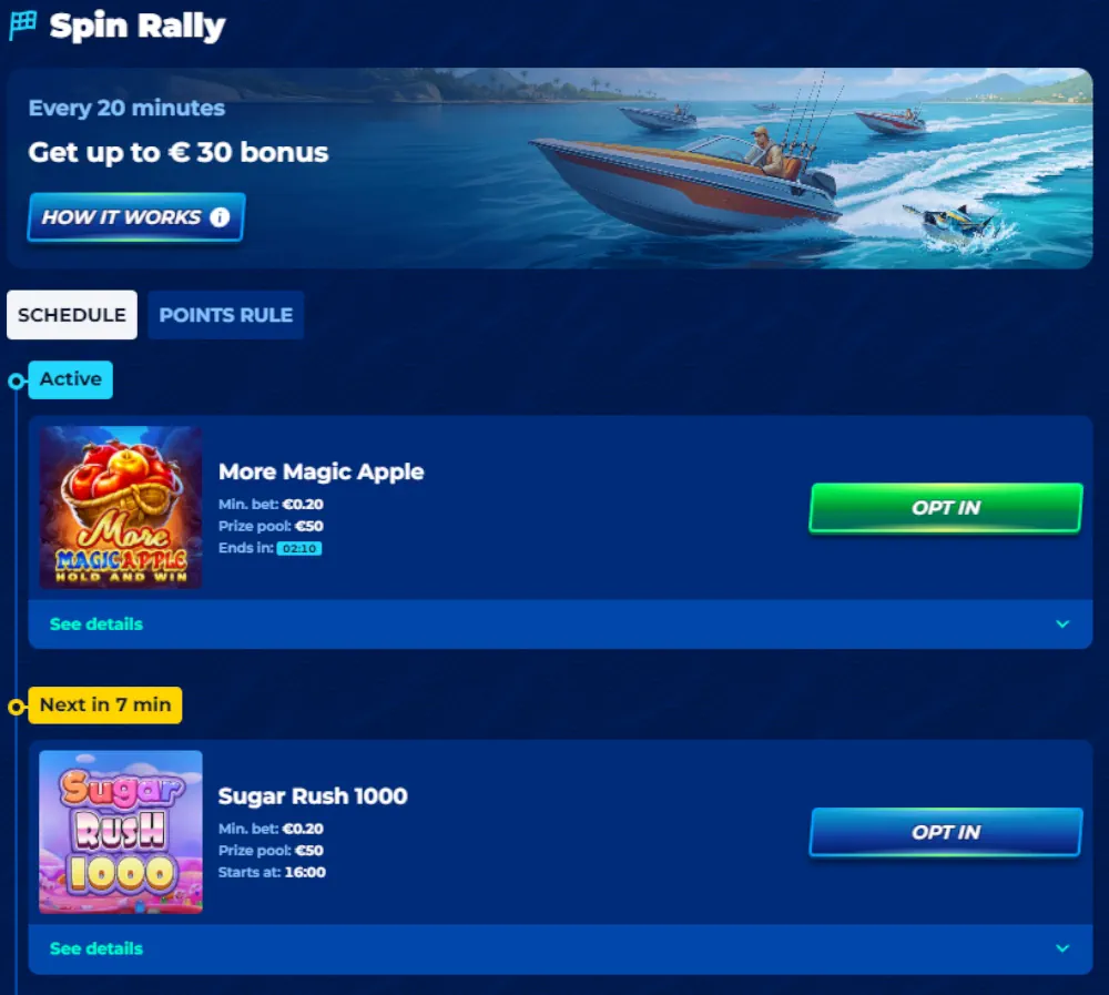BassBet Spin Rally -listaus ja viimeisimmät suuret voitot tilastot.